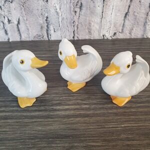 Vintage Homco Ceramic White Duck Figurines Set Of 3 #1414 Taiwan 3" Farmhouse